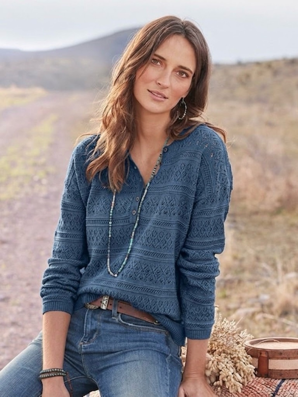 NWOT Sundance Devon Mixed Pointelle Knit Cotton Henley Sweater Blue Medium